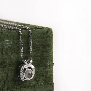 Silver apple photo necklace, designed for a personal keepsake with hidden memory