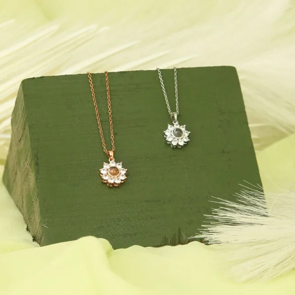Flower charm photo necklaces in silver and rose gold for versatile elegance