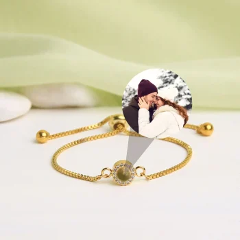 Gold petite halo photo bracelet – elegant custom jewelry featuring white zircon stones, perfect for gifts