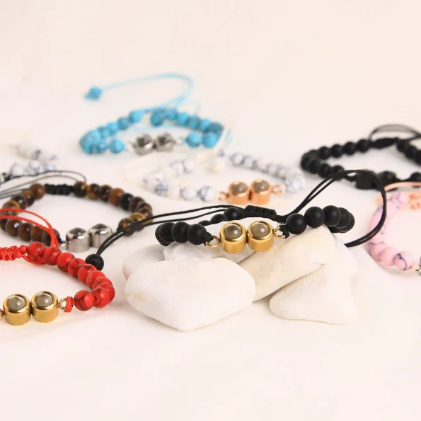 Group of frosted stone projection bracelets with double pendants – personalized jewelry collection