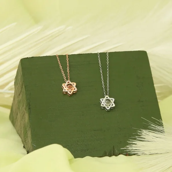 Collection of silver and rose gold lucky star photo necklaces – personalized keepsake jewelry