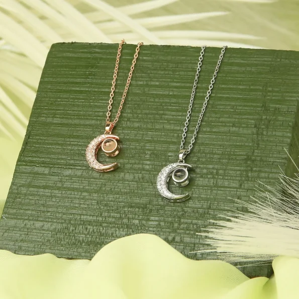Collection of moon photo necklaces in silver and rose gold – personalized jewelry for lasting memories