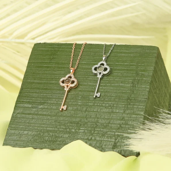 Group of key necklaces in silver and rose gold, versatile for custom style