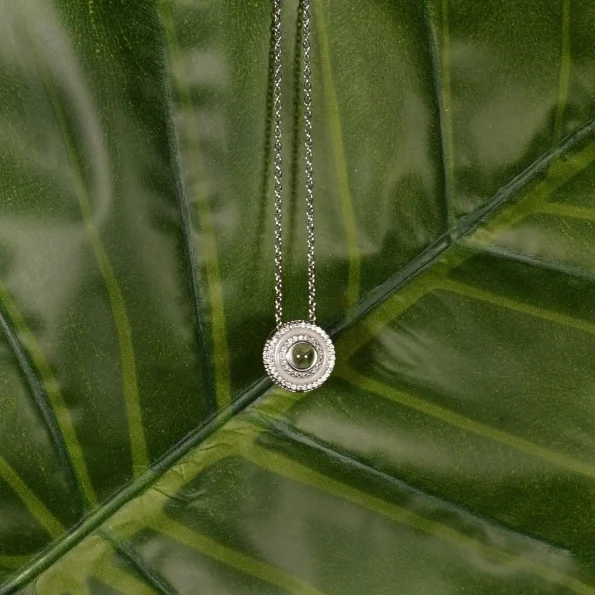 Elegant silver halo necklace displayed on a green leaf, adding a touch of nature