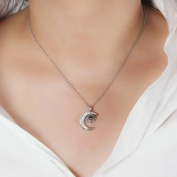 Model wearing silver moon photo pendant – custom jewelry for daily wear