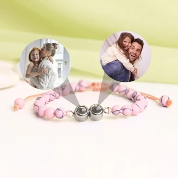 Pink frosted stone projection bracelet with double pendants – personalized keepsake jewelry