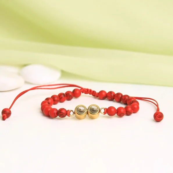 Red frosted stone projection bracelet with double pendants – personalized memory jewelry