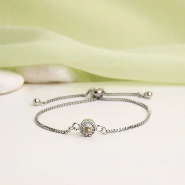 Silver petite halo photo bracelet with white zircon stones