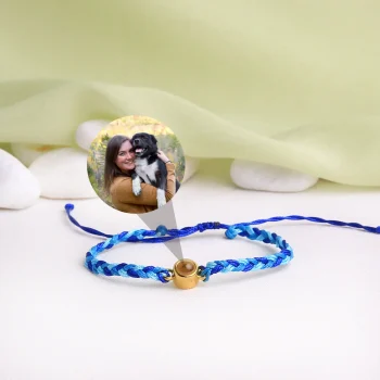 Deep blue photo rope bracelet with hidden projection, a stylish way to preserve precious moments.