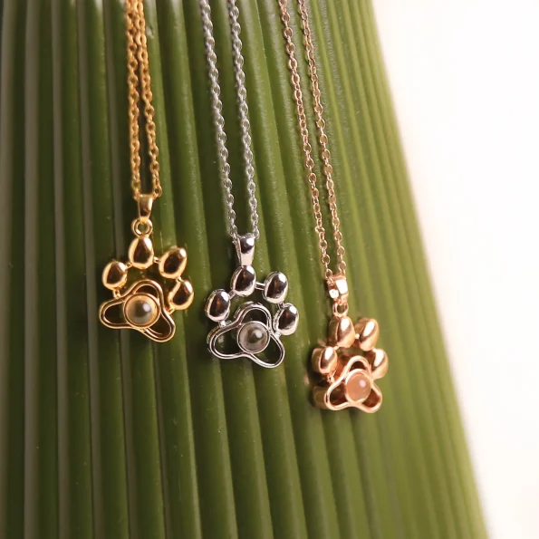 Collection of silver, gold, and rose gold pet paw projection necklaces, each holding a hidden memory.