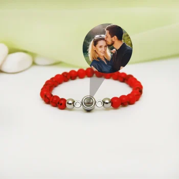 Striking red frosted photo bracelet with a hidden image, a bold and heartfelt keepsake.
