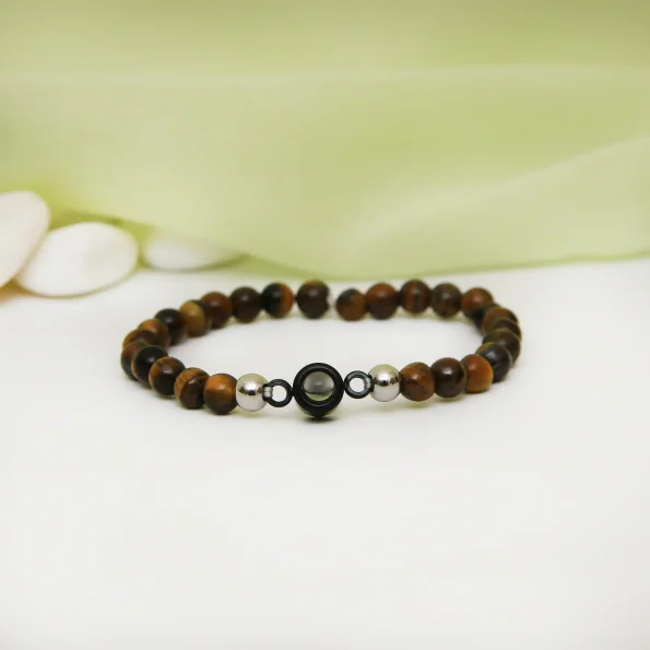 Tiger eye frosted photo bracelet with warm tones, carrying a hidden photo for a personal touch.