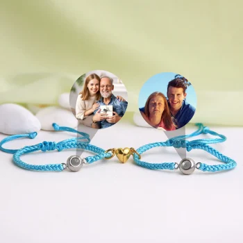 Vibrant turquoise set of 2 photo bracelets, personalized keepsakes to hold cherished memories close.