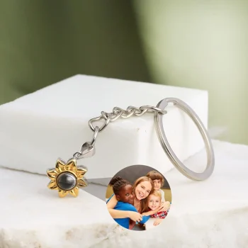 Sunlit sunflower photo keyring with hidden projection, a heartfelt keepsake for cherished memories.