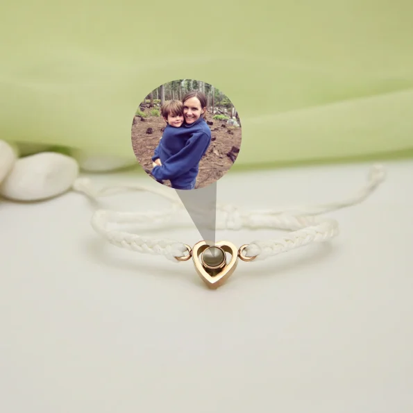 White rope heart bracelet featuring a hidden photo, a meaningful and stylish keepsake.